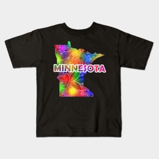 Colorful mandala art map of Minnesota with text in multicolor pattern Kids T-Shirt